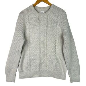 GAP Men's Cable Sweater Lamb White Cream Wool‎ Blend Pullover L Heritage Winter